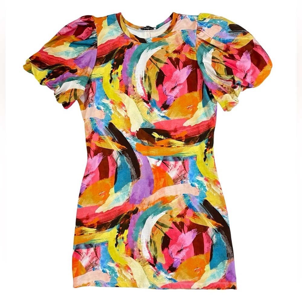 Willa Story Colorful Abstract Brushstroke Puff Sleeve Dress - Picture 3 of 5